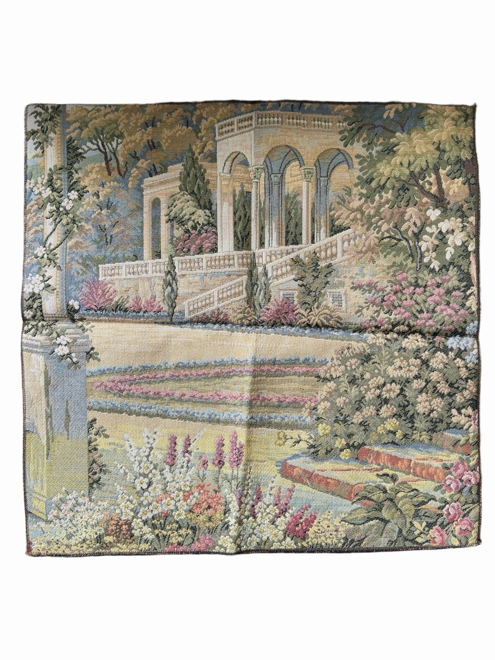 Vintage Garden Pavilion Tapestry Wall Hanging Floral Landscape Woven Textile
